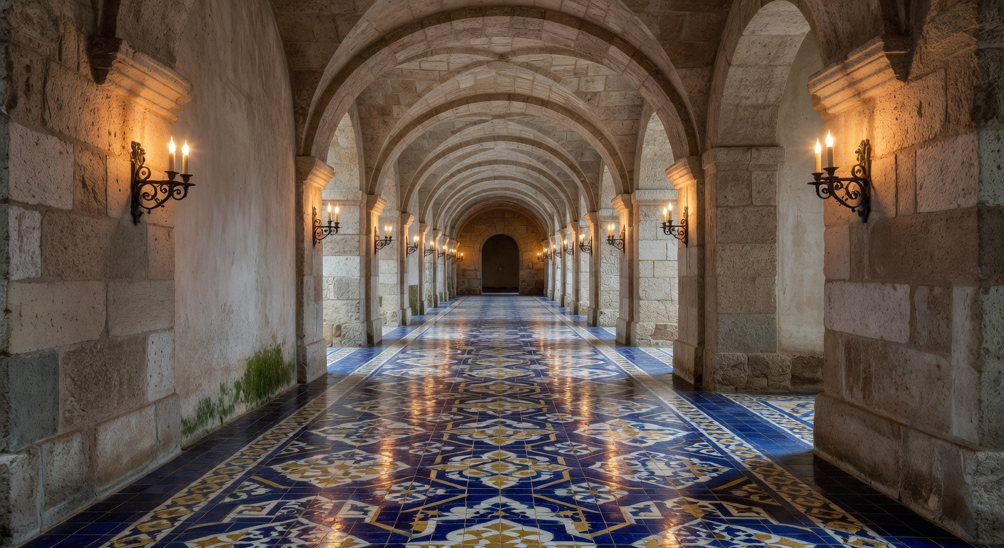 Pasillo con arcos de herradura en una villa mediterránea, piedra cálida y luz natural