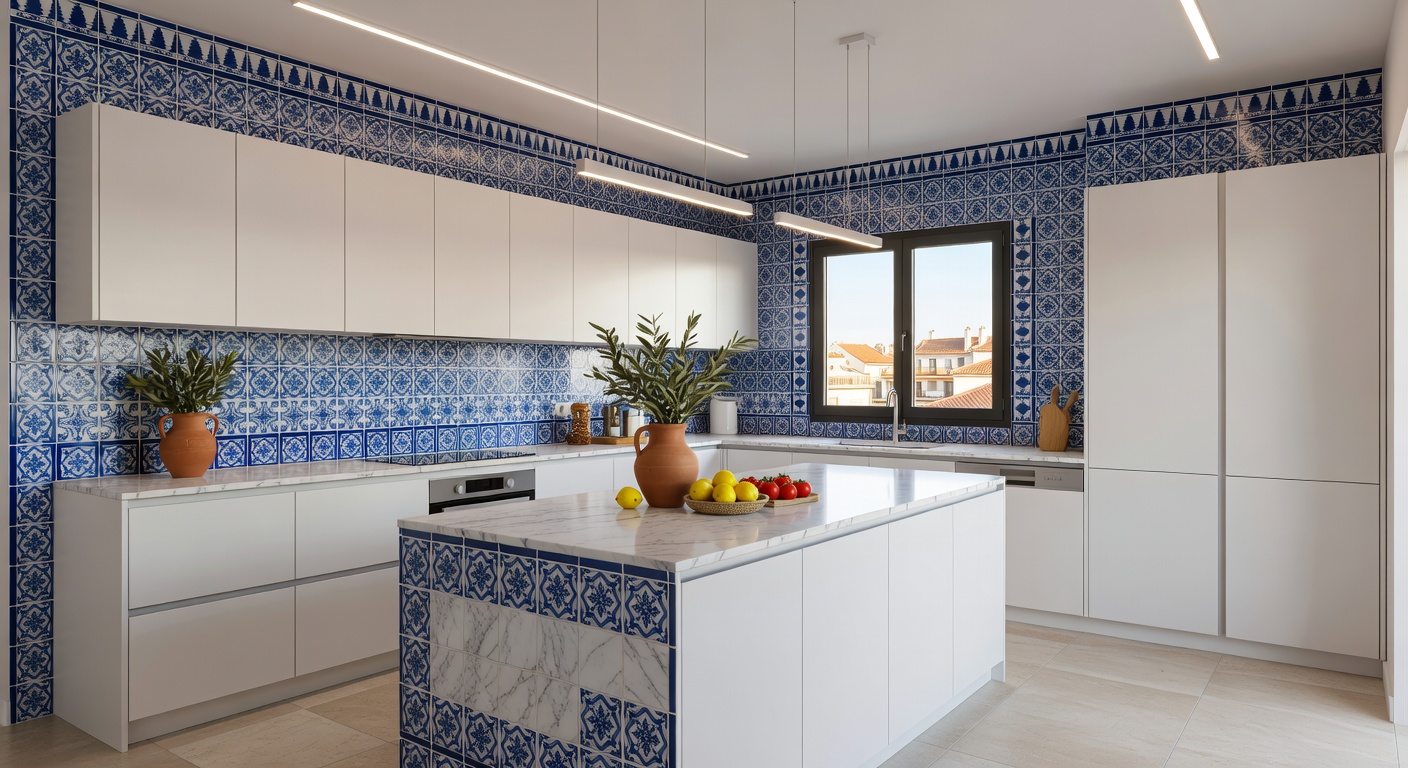 Cocina española con azulejos azules artesanales