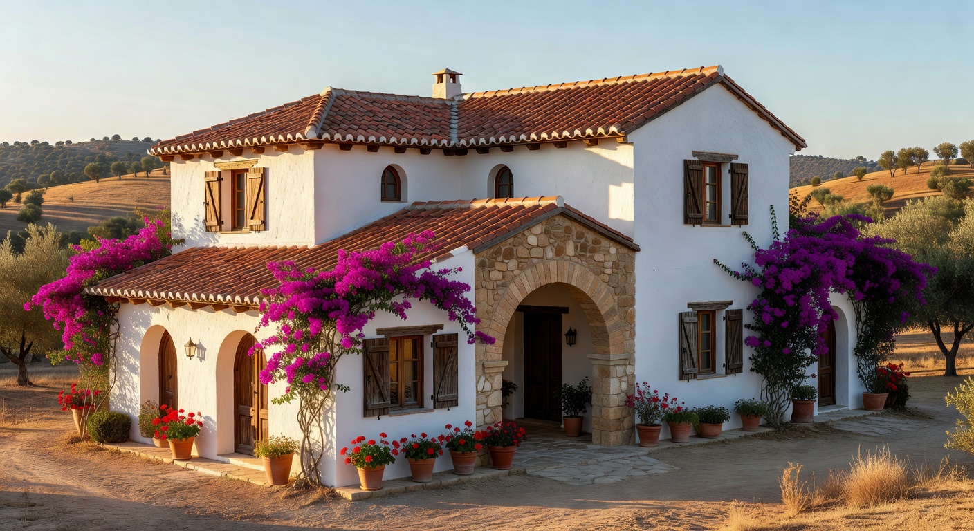 Exterior de villa española con fachada encalada, vegetación mediterránea y cielo azul